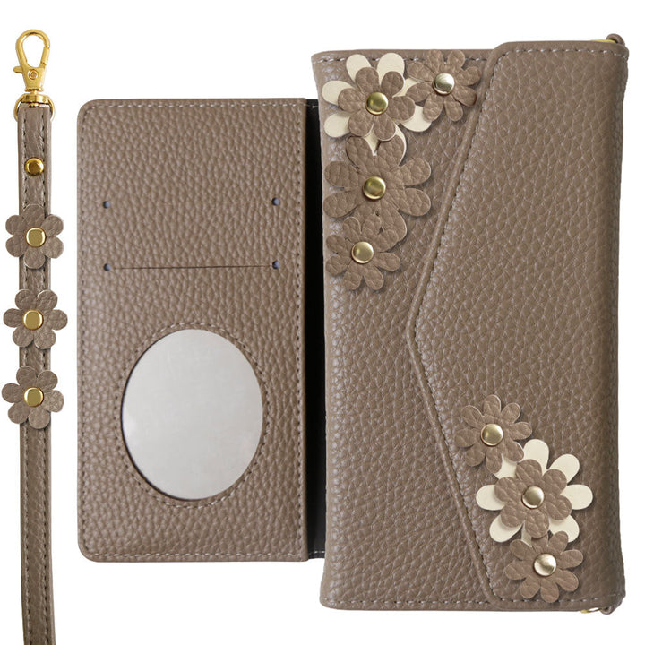 Étui portefeuille à rabat triple en cuir végan couleur poussiéreuse avec motif floral et sangle pour la série iPhone