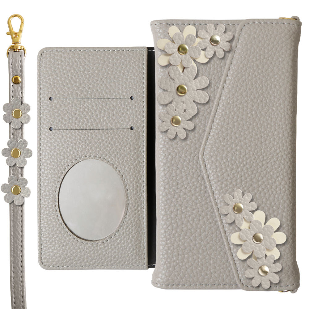 Étui portefeuille à rabat triple en cuir végan couleur poussiéreuse avec motif floral et sangle pour la série iPhone