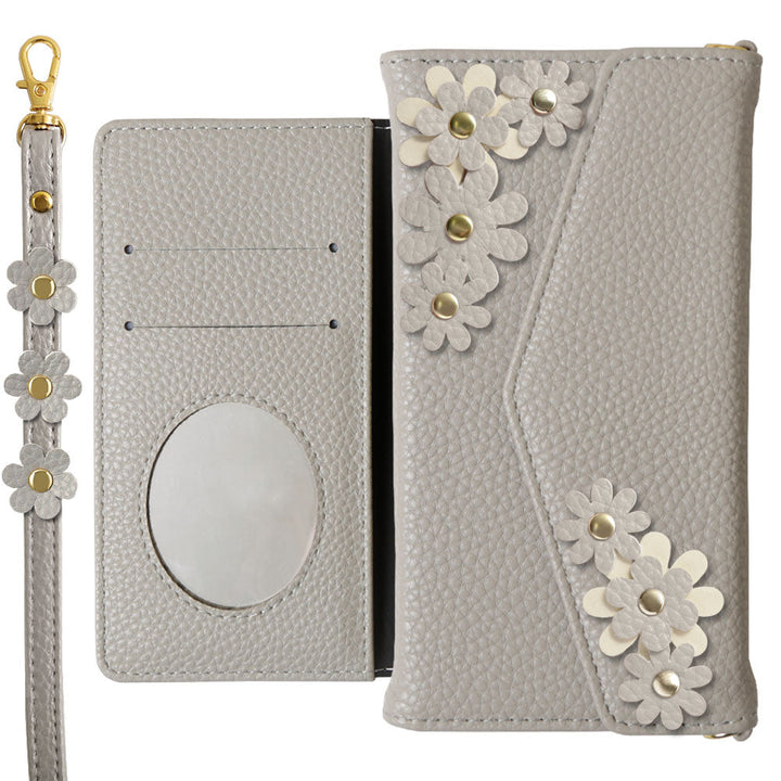 Vegan leather tri-fold dusty color flower motif strap-attached notebook-style case for Google Pixel series