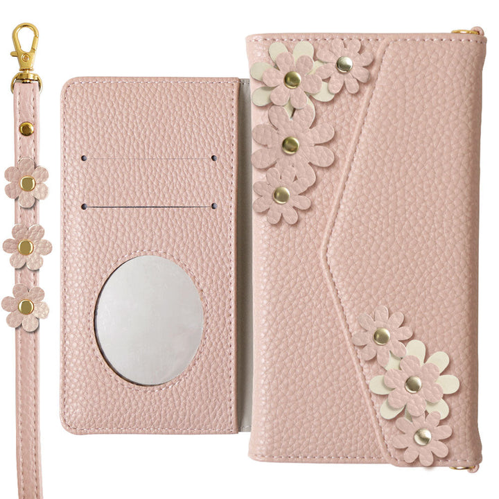 Étui portefeuille à rabat triple en cuir végan couleur poussiéreuse avec motif floral et sangle pour la série iPhone