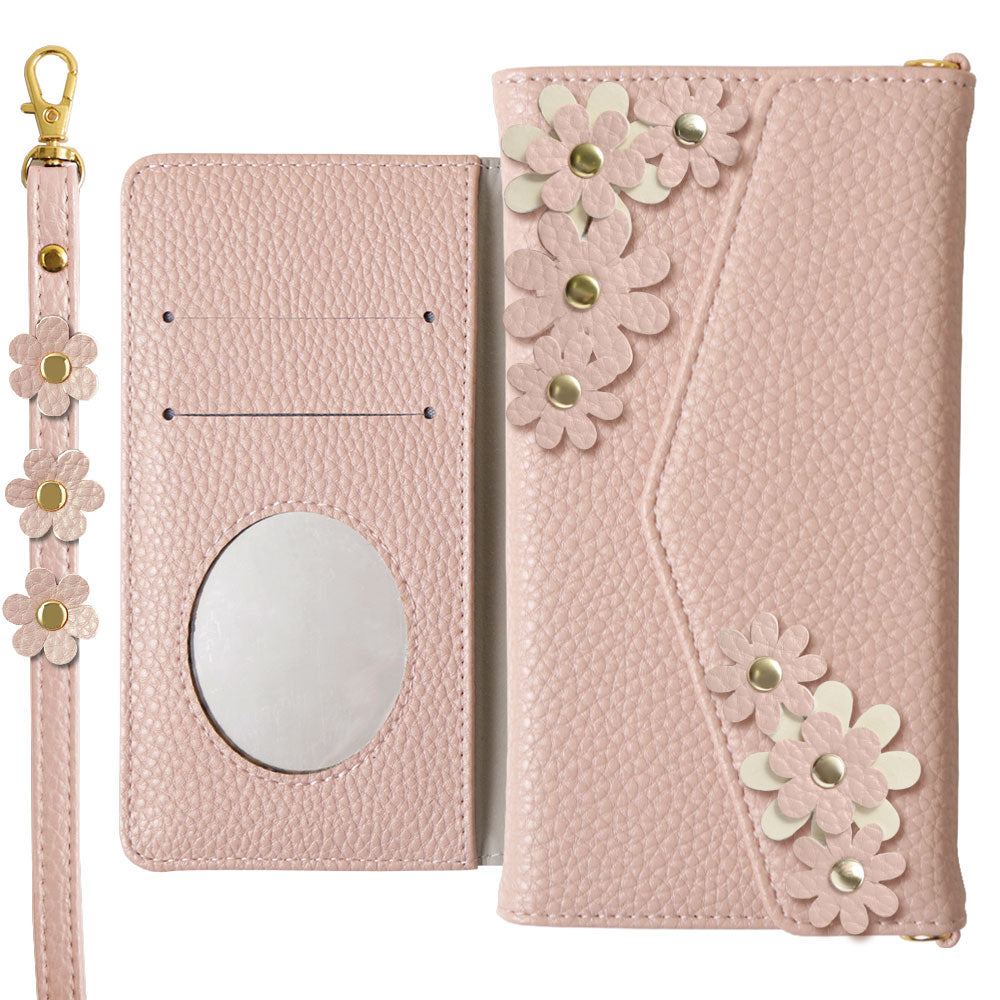 Vegan leather tri-fold dusty color flower motif strap-attached notebook-style case for Xperia series