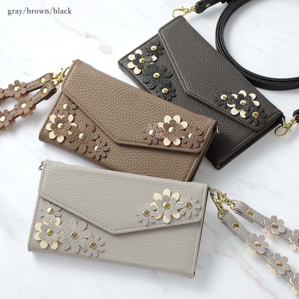 Vegan leather tri-fold dusty color flower motif strap-attached notebook-style case for Google Pixel series