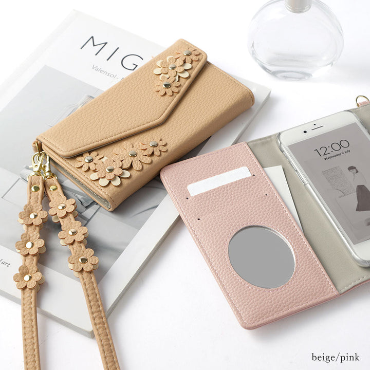 Étui portefeuille à rabat triple en cuir végan couleur poussiéreuse avec motif floral et sangle pour la série iPhone