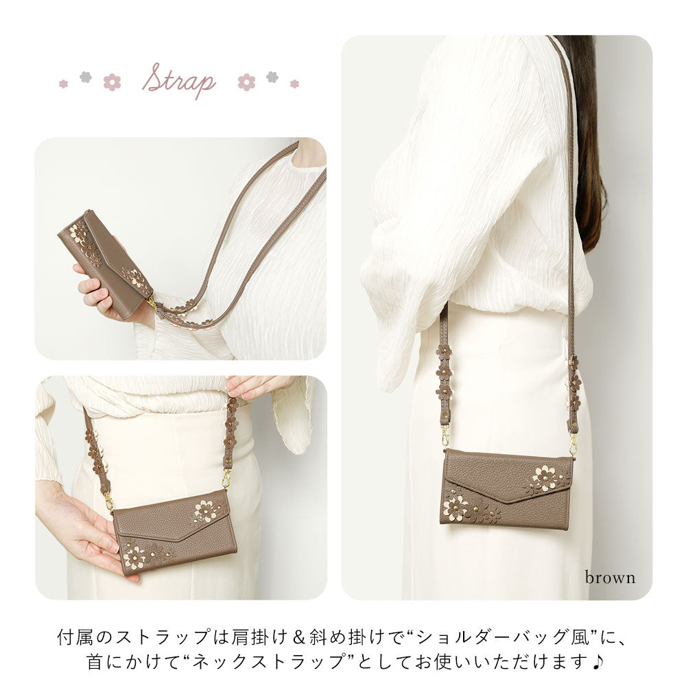 Vegan leather tri-fold dusty color flower motif strap-attached notebook-style case for Xperia series