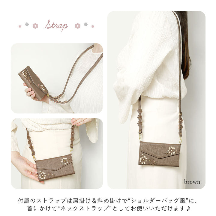 Vegan leather tri-fold dusty color flower motif strap-attached notebook-style case for Xperia series