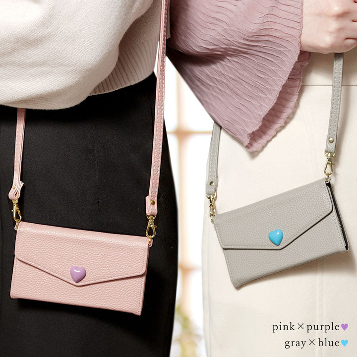 Vegan leather tri-fold dusty color strap & heart deco wallet case AQUOS series