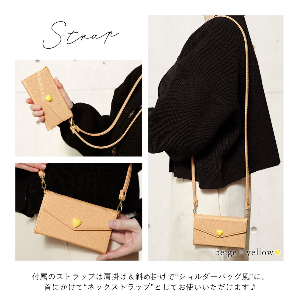 Vegan leather tri-fold dusty color strap & heart deco wallet case AQUOS series