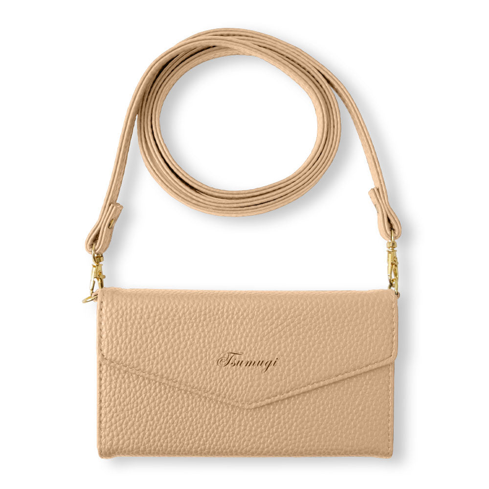 Vegan leather tri-fold dusty color printed name strap attached notebook-style case