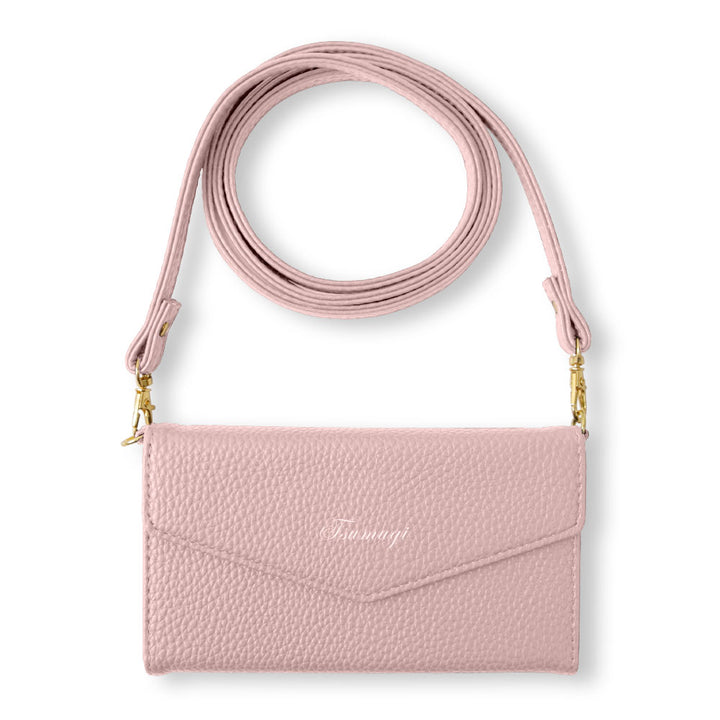 Vegan leather tri-fold dusty color printed name strap attached notebook-style case