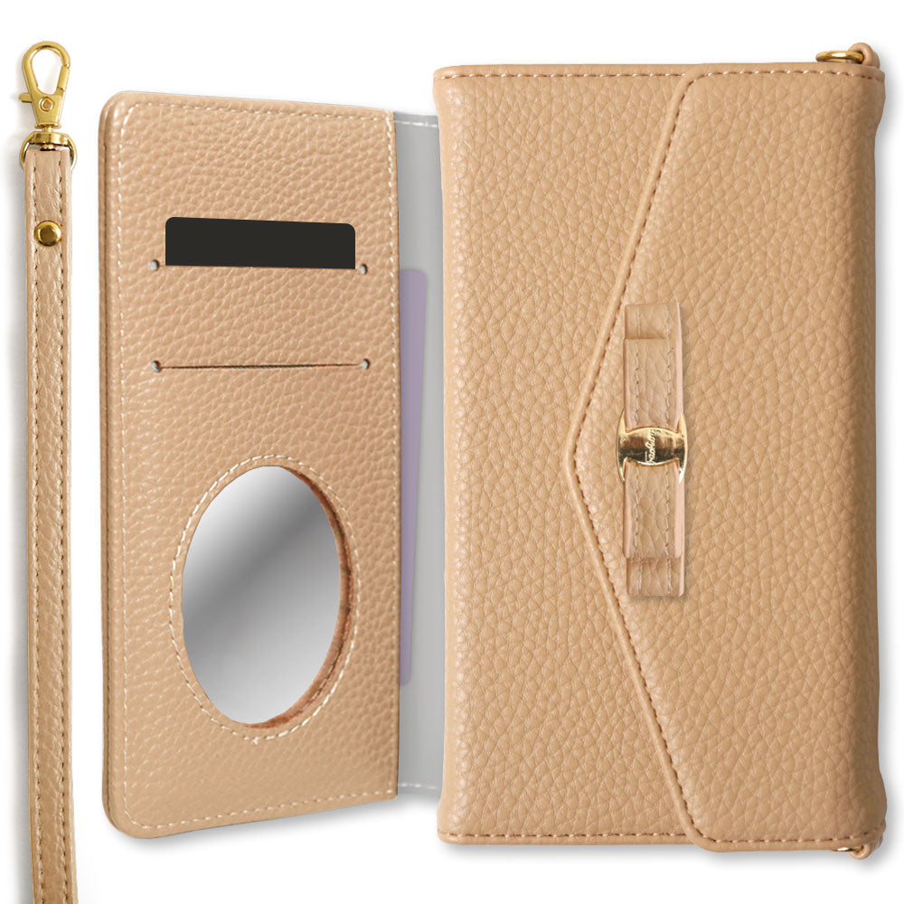 Vegan leather tri-fold dusty color ribbon decoration strap-attached notebook-style case
