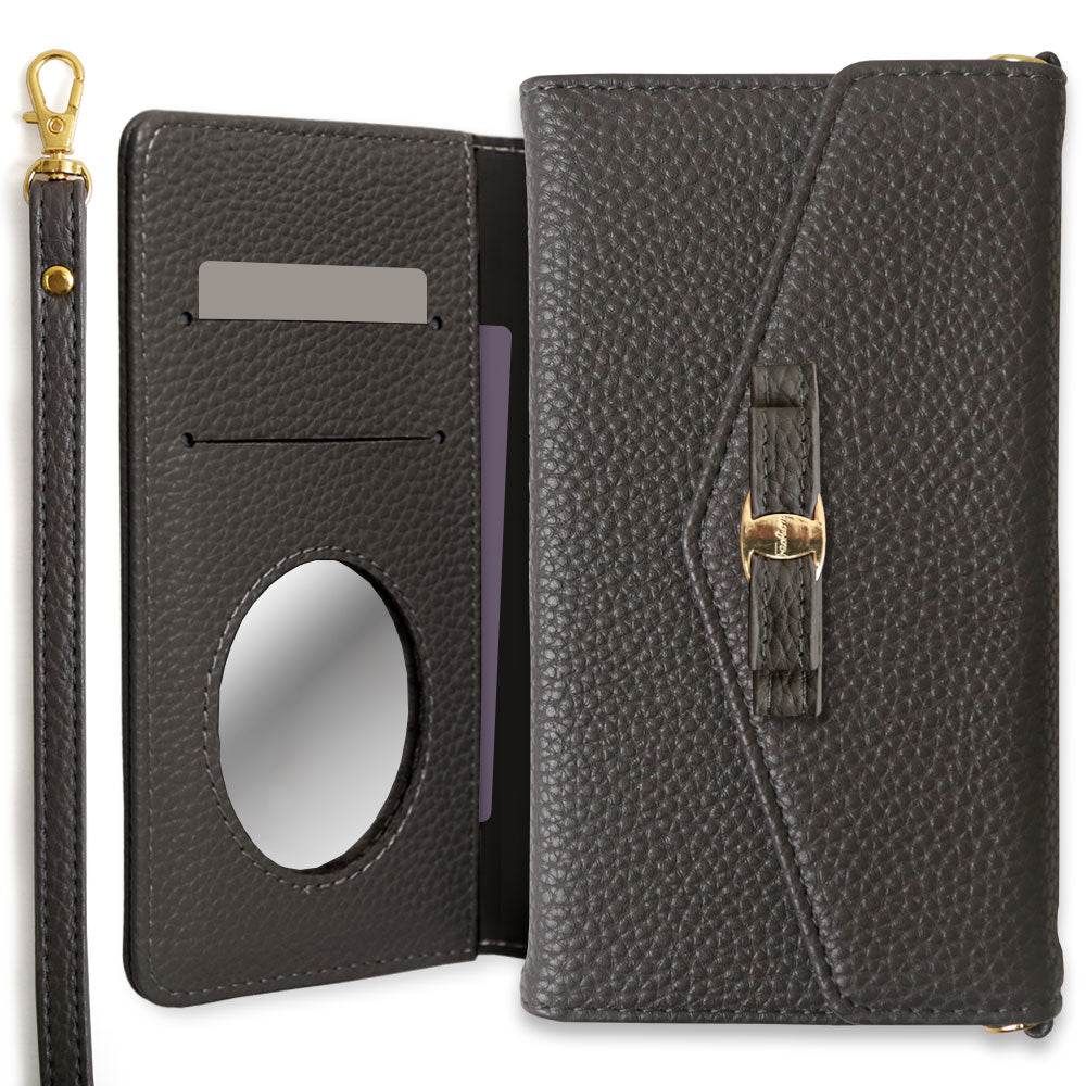 Vegan leather tri-fold dusty color ribbon decoration strap-attached notebook-style case