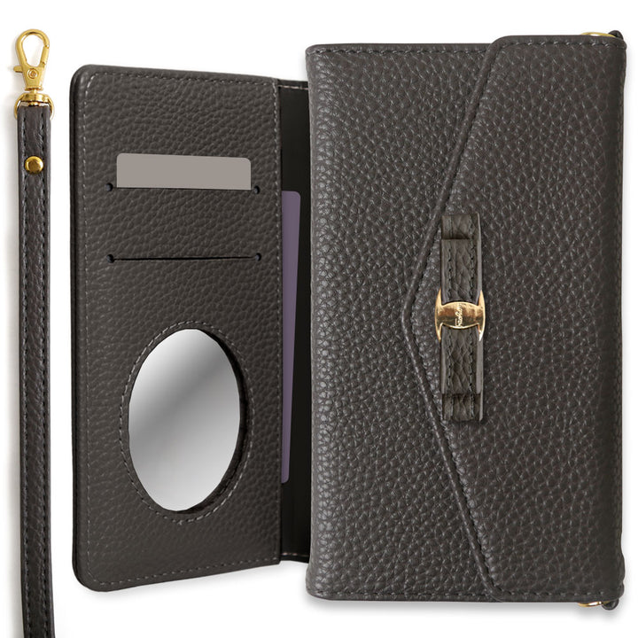 Vegan leather tri-fold dusty color ribbon decoration strap-attached notebook-style case