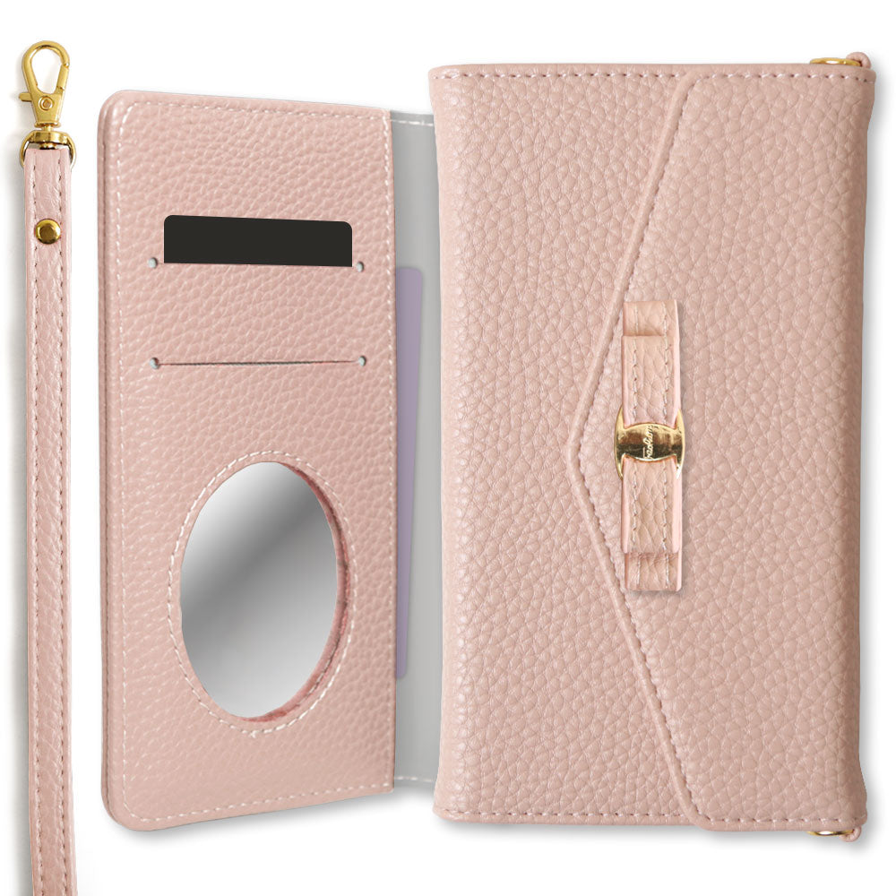Vegan leather tri-fold dusty color ribbon decoration strap-attached notebook-style case