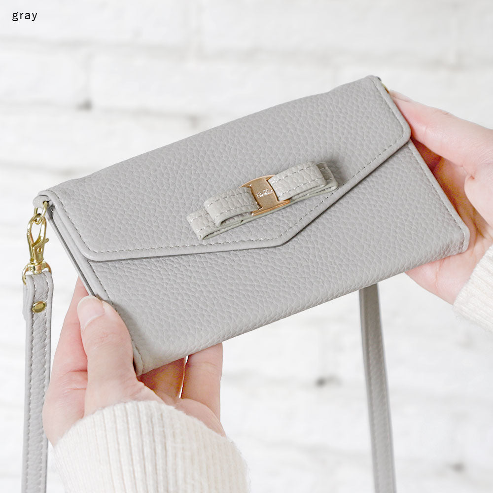 Vegan leather tri-fold dusty color ribbon decoration strap-attached notebook-style case