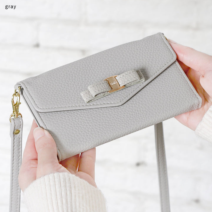 Vegan leather tri-fold dusty color ribbon decoration strap-attached notebook-style case