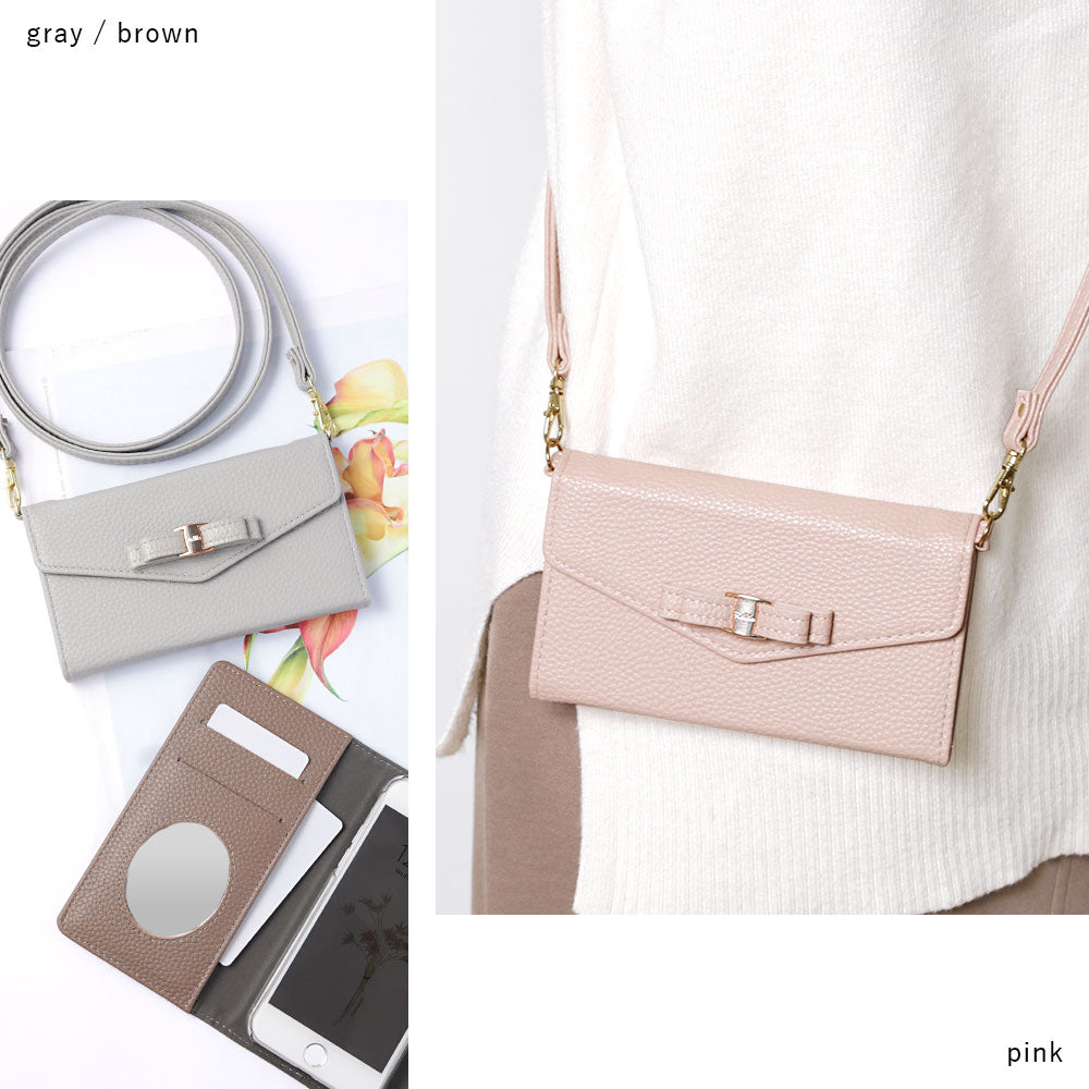 Vegan leather tri-fold dusty color ribbon decoration strap-attached notebook-style case