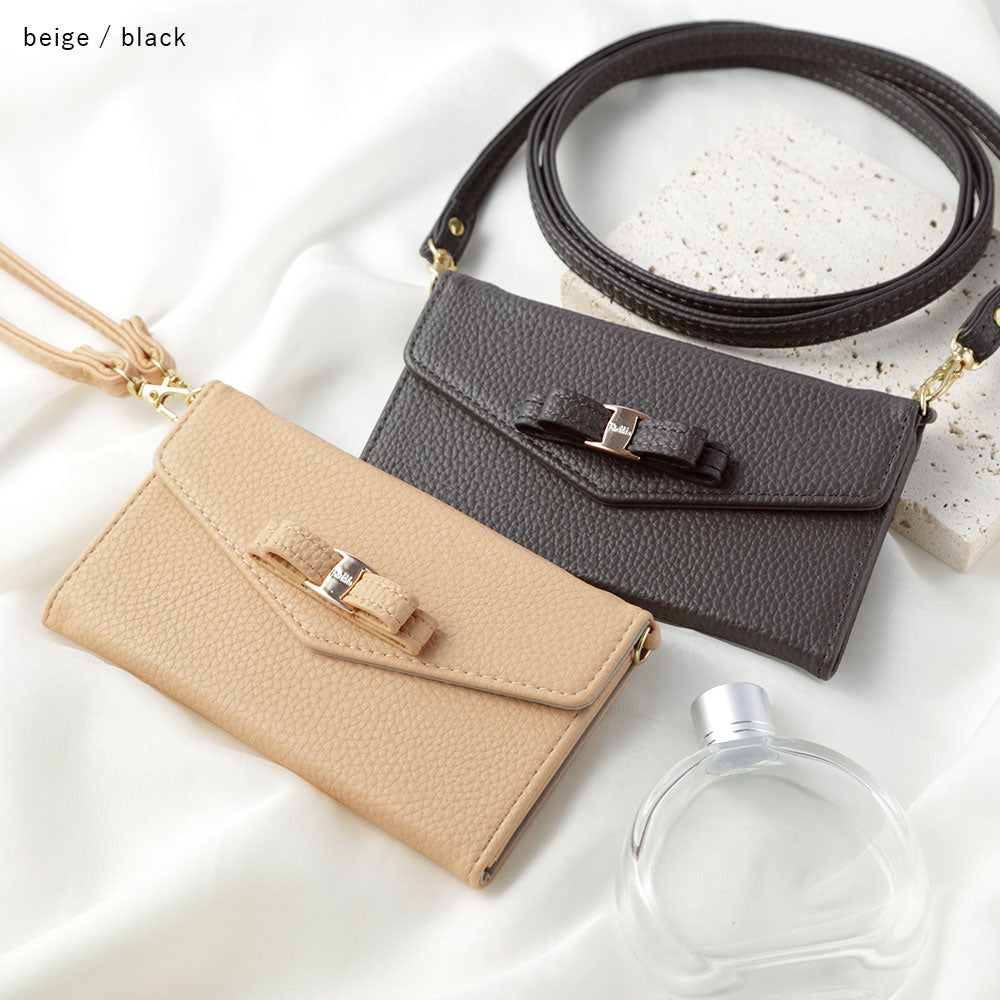 Vegan leather tri-fold dusty color ribbon decoration strap-attached notebook-style case