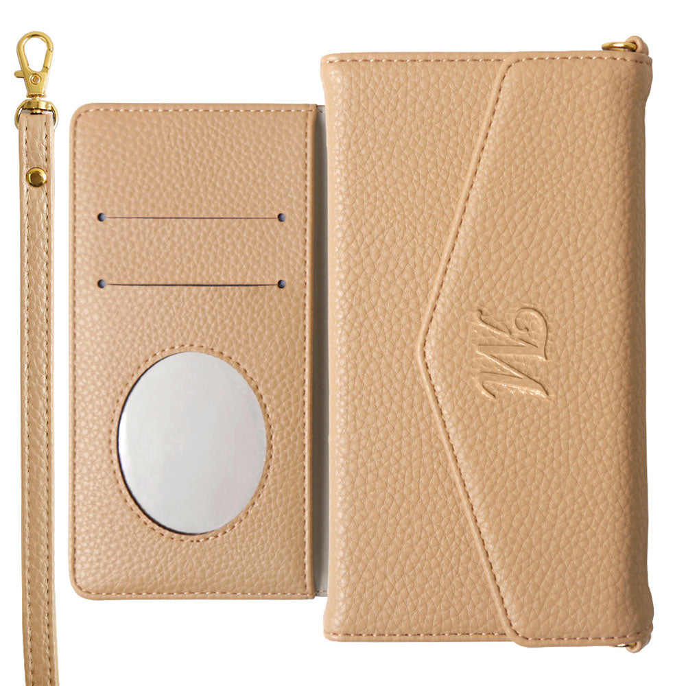 Étui portefeuille à rabat triple en cuir végan couleur poussiéreuse avec initiales et sangle pour la série Xperia