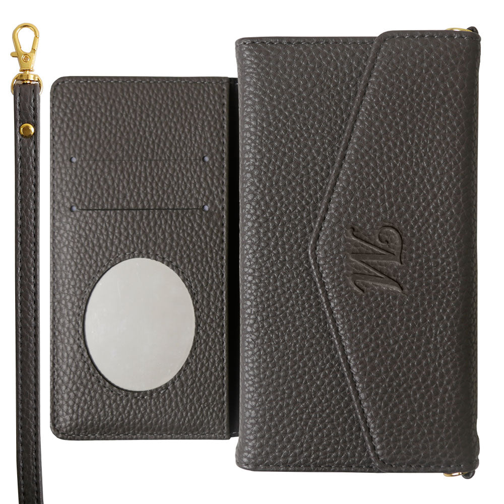 Vegan leather tri-fold dusty color initial strap attached notebook-style case AQUOS series