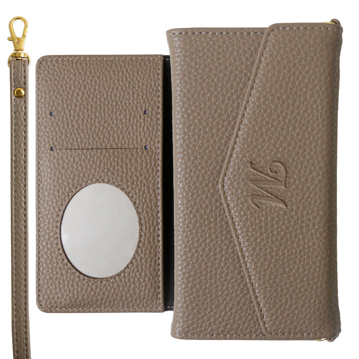 Vegan leather tri-fold dusty color initial strap attached notebook-style case AQUOS series