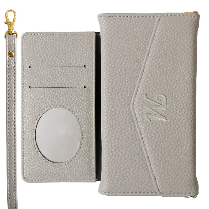 Vegan leather tri-fold dusty color initial strap attached notebook-style case AQUOS series