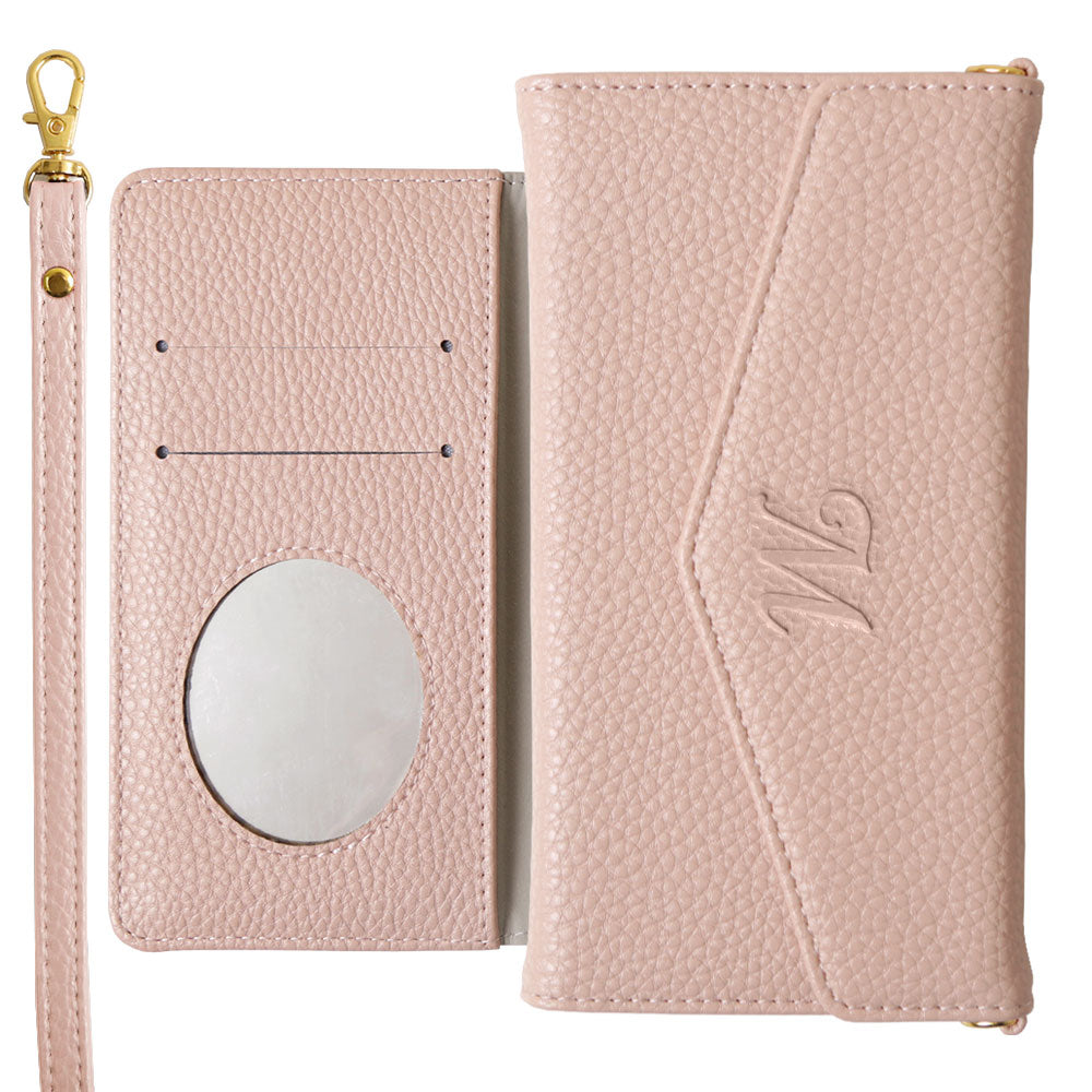 Étui portefeuille à rabat triple en cuir végan couleur poussiéreuse avec initiales et sangle pour la série Xperia