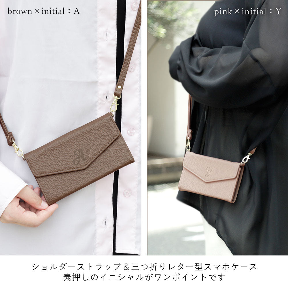 Vegan leather tri-fold dusty color initial strap attached notebook-style case AQUOS series