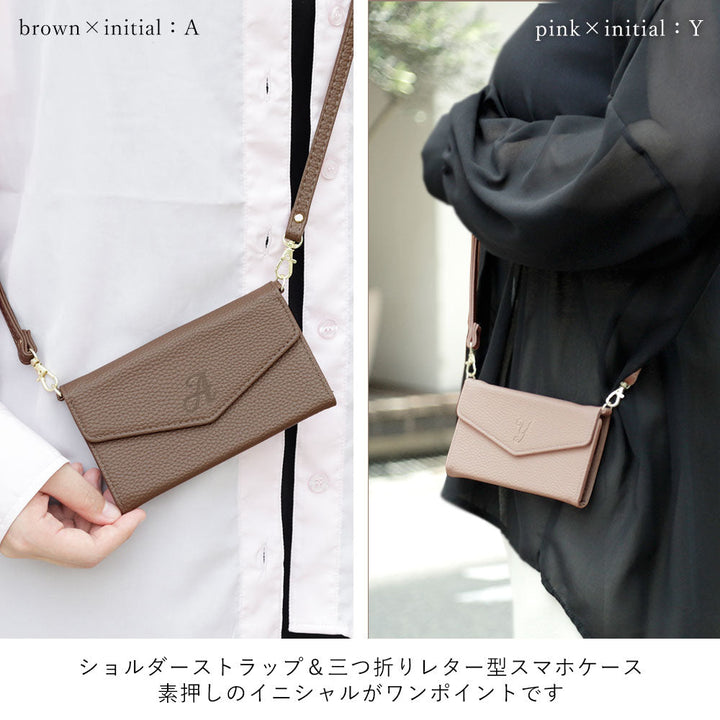 Vegan leather tri-fold dusty color initial strap attached notebook-style case AQUOS series