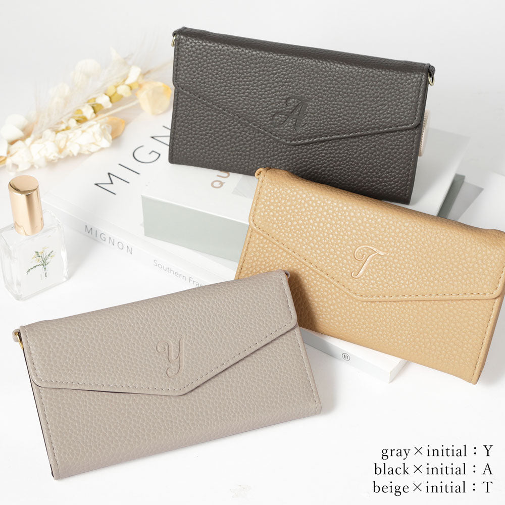 Vegan leather tri-fold dusty color initial strap attached notebook-style case AQUOS series