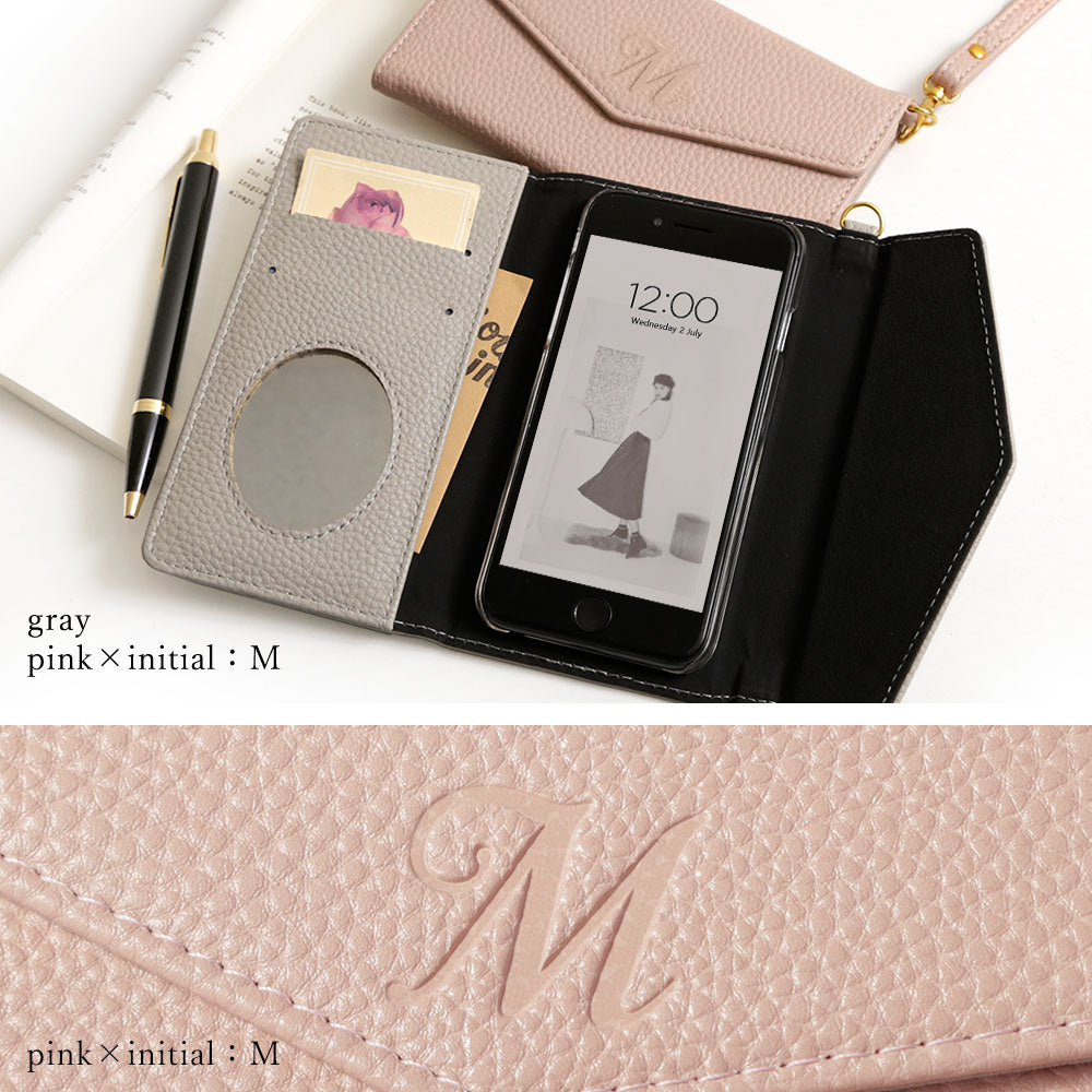 Étui portefeuille à rabat triple en cuir végan couleur poussiéreuse avec initiales et sangle pour la série Xperia