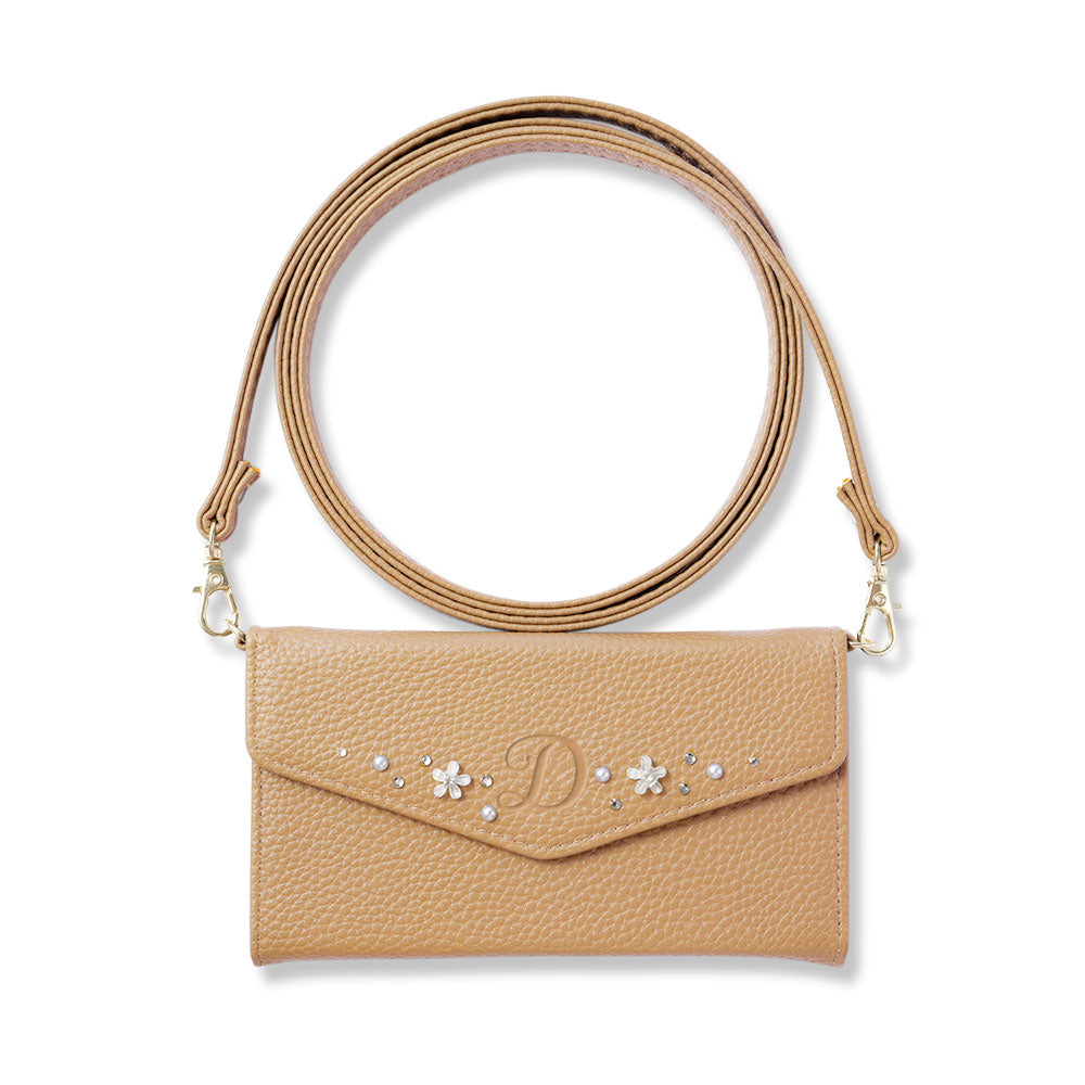 Vegan leather tri-fold dusty color initial deco strap-attached notebook-style case