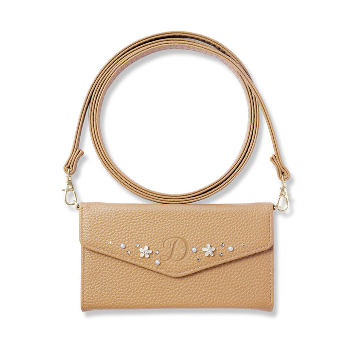 Vegan leather tri-fold dusty color initial deco strap-attached notebook-style case