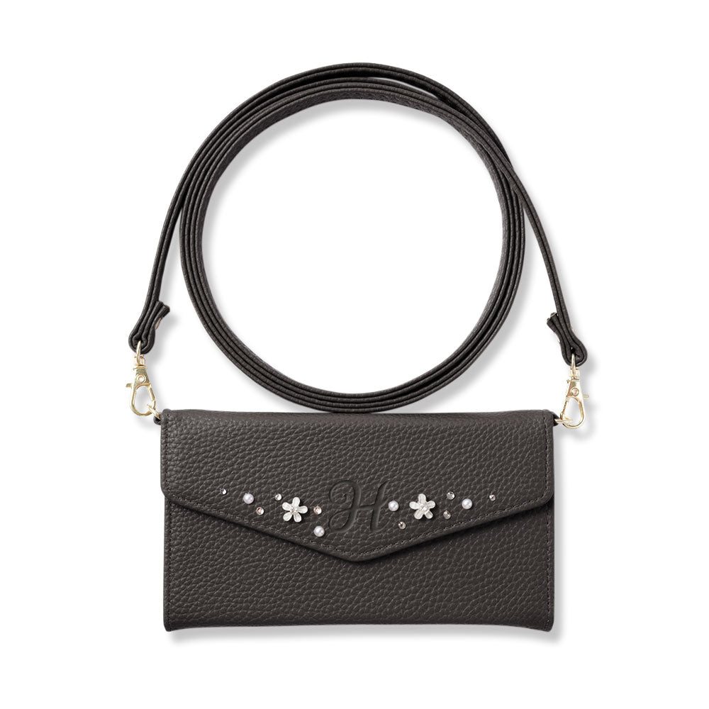 Vegan leather tri-fold dusty color initial deco strap-attached notebook-style case