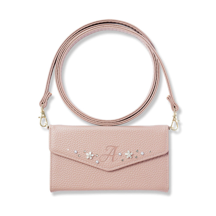 Vegan leather tri-fold dusty color initial deco strap-attached notebook-style case