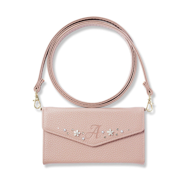 ヴィーガンレザー 三つ折り ダスティカラー イニシャルデコ ストラップ付き 手帳型ケース iPhoneシリーズ