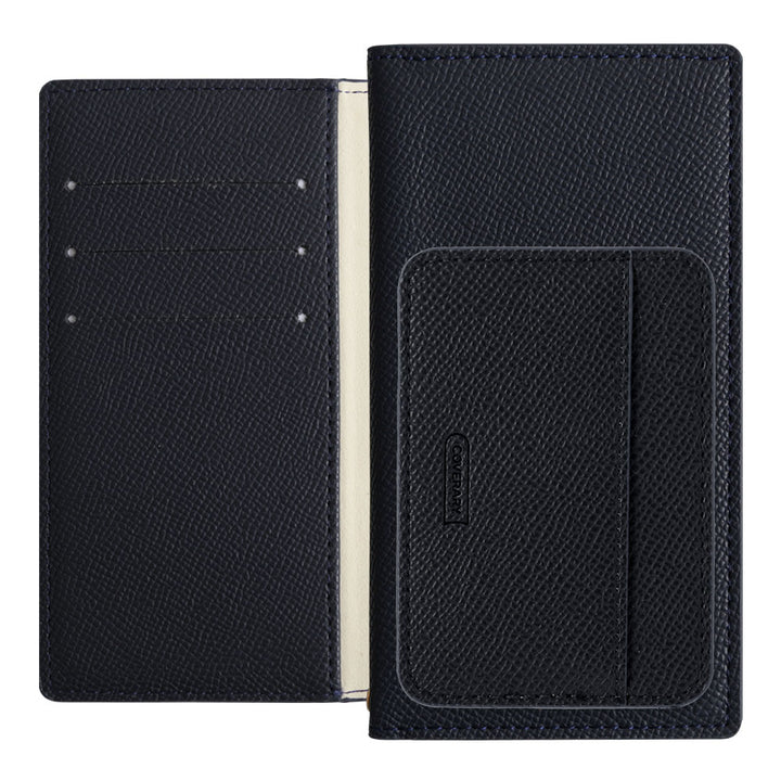 Vegan leather basic color stand function with vertical/horizontal selectable card pockets notebook-style case