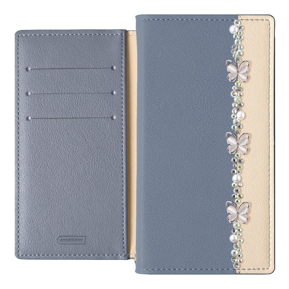 Cuir végan bicolore recto Décoration ligne papillon Fonction support Étui portefeuille Série Galaxy