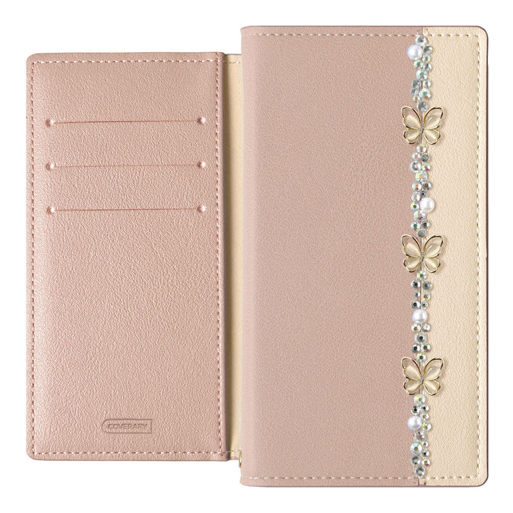 Cuir végan bicolore recto Décoration ligne papillon Fonction support Étui portefeuille Série Galaxy