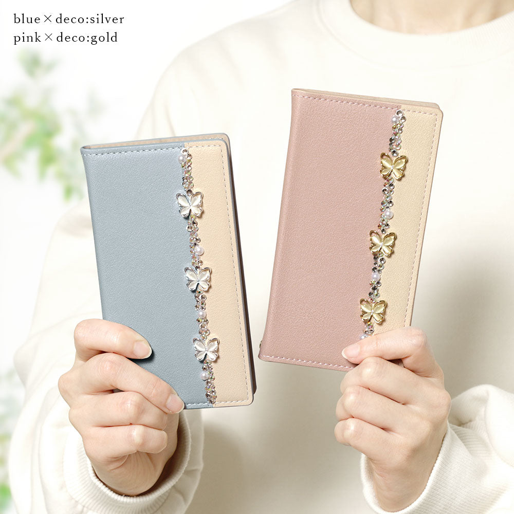 Vegan leather, front bicolor, butterfly line decoration, stand function, folio case for iPhone series