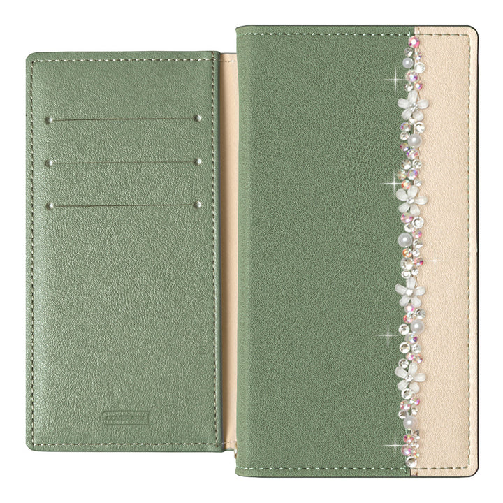 ヴィーガンレザー 表バイカラー フラワーラインデコ スタンド機能 手帳型ケース