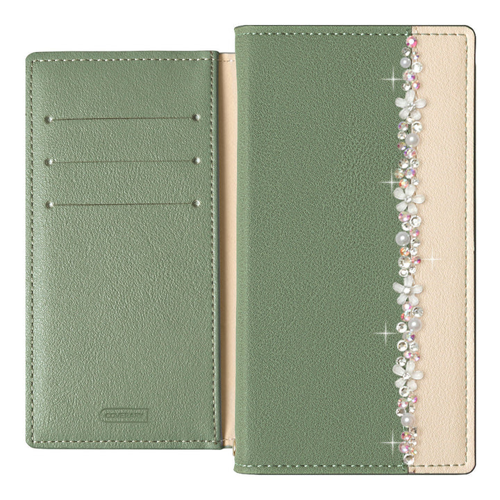 Étui portefeuille à fonction support, cuir végan, bicolore sur le devant, décoration ligne florale, série Galaxy