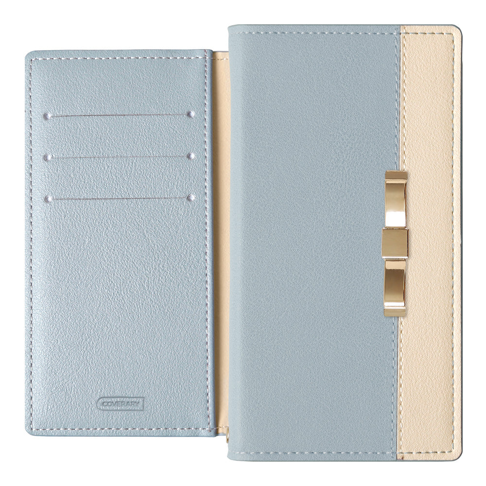 ヴィーガンレザー 表バイカラー ゴールドリボンデコ スタンド機能 手帳型ケース