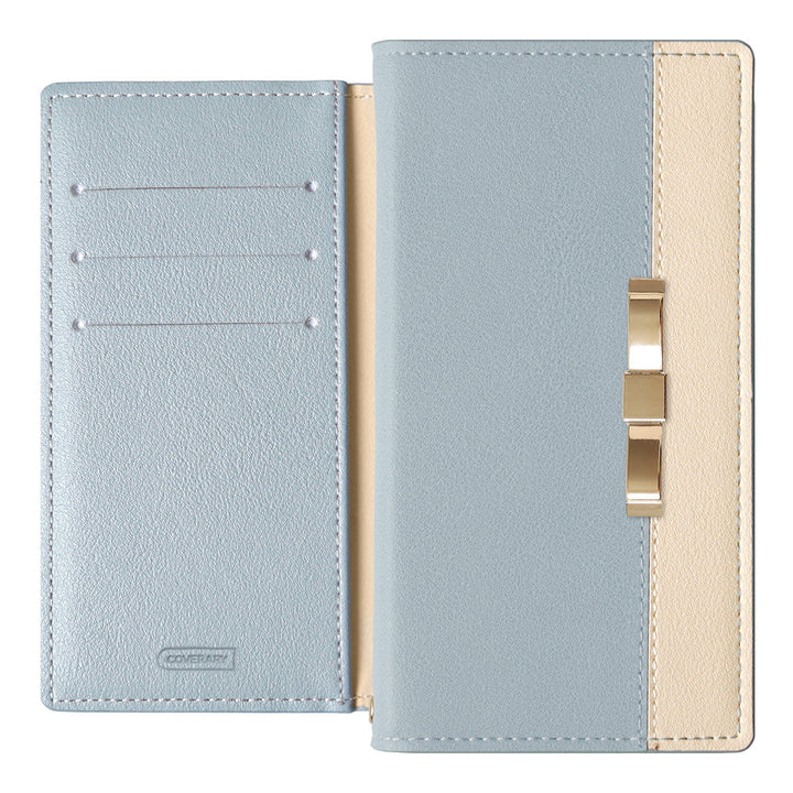 ヴィーガンレザー 表バイカラー ゴールドリボンデコ スタンド機能 手帳型ケース