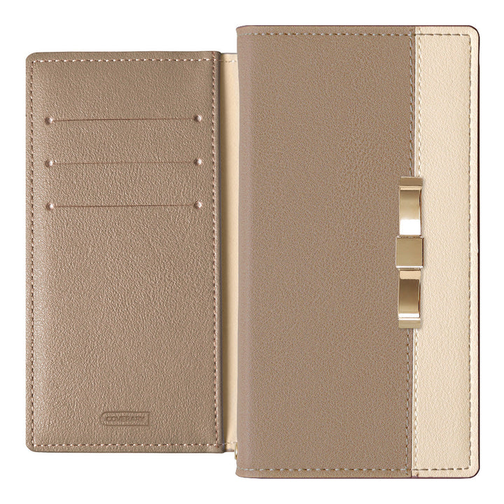 ヴィーガンレザー 表バイカラー ゴールドリボンデコ スタンド機能 手帳型ケース