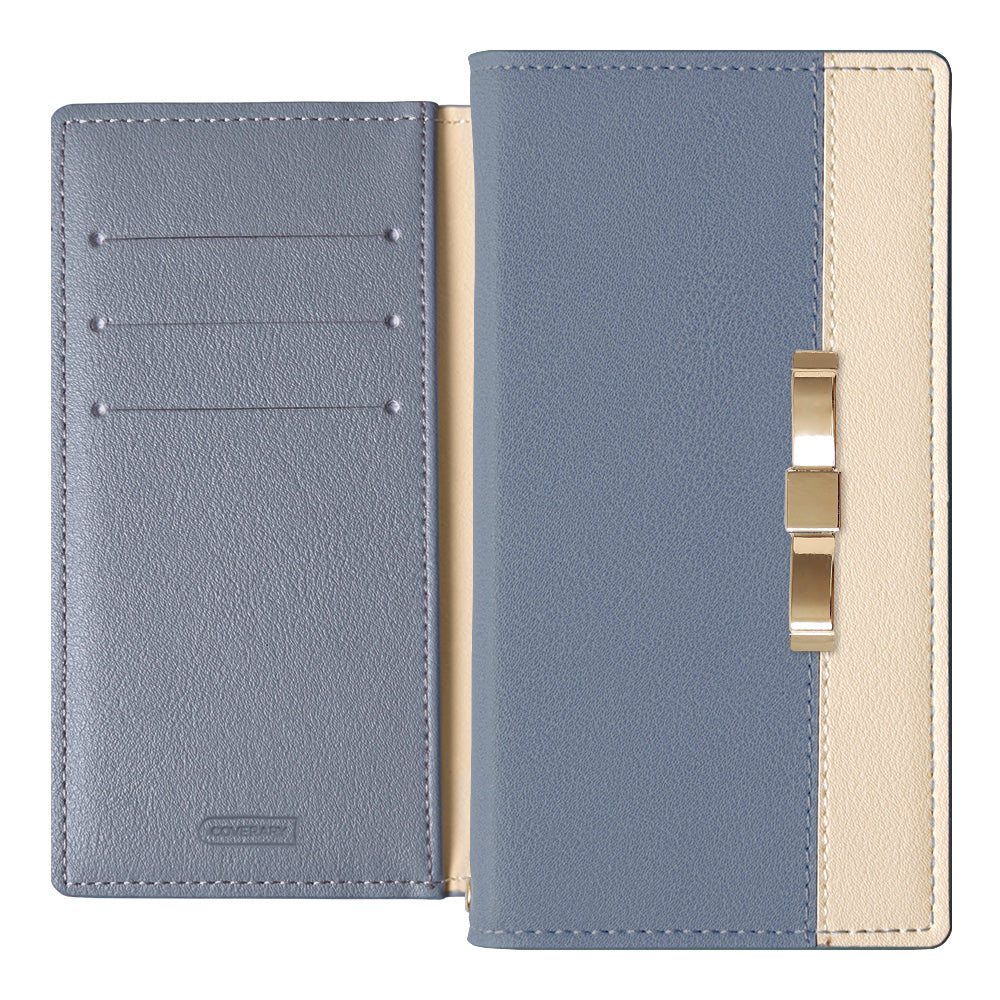 ヴィーガンレザー 表バイカラー ゴールドリボンデコ スタンド機能 手帳型ケース