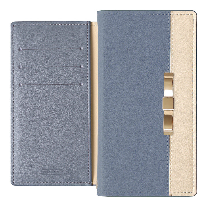 ヴィーガンレザー 表バイカラー ゴールドリボンデコ スタンド機能 手帳型ケース