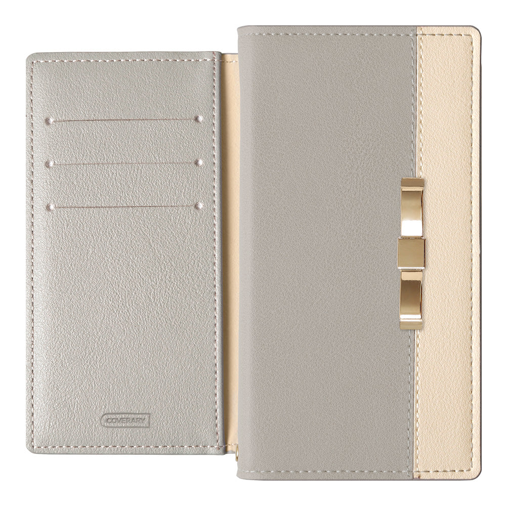 ヴィーガンレザー 表バイカラー ゴールドリボンデコ スタンド機能 手帳型ケース