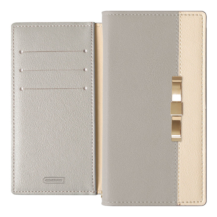 ヴィーガンレザー 表バイカラー ゴールドリボンデコ スタンド機能 手帳型ケース