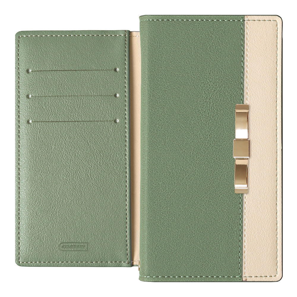 ヴィーガンレザー 表バイカラー ゴールドリボンデコ スタンド機能 手帳型ケース