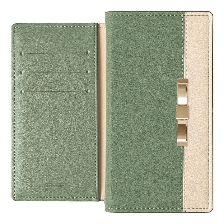 ヴィーガンレザー 表バイカラー ゴールドリボンデコ スタンド機能 手帳型ケース